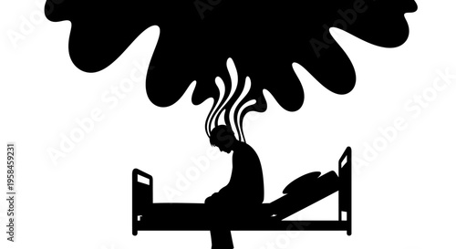 Silhouette of a person lying on a bed with a dark cloud above their head