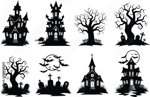 Halloween themed silhouette illustrations of spooky houses trees ghosts and graveyards