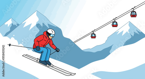 Illustration of a skier descending a snowy slope with ski lift cabins in the background on a clear day with mountain peaks