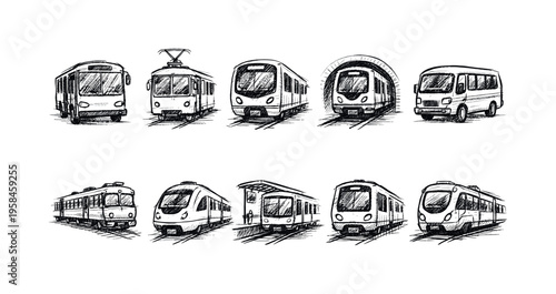 Collection of hand-drawn public transportation vehicles including buses and trains