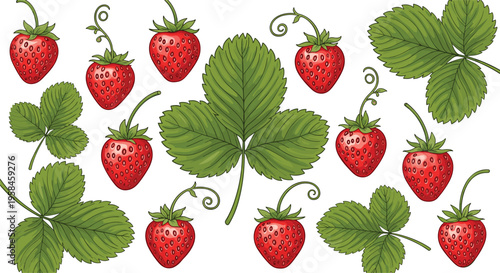 Strawberry botanical vector set. Large collection of red berries with vine tendrils and green leaves. Hand drawn garden fruit elements for organic design.