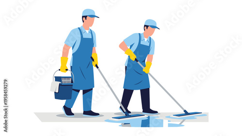 Cleaning Professionals at Work: A depiction of two cleaning professionals diligently mopping a floor, maintaining a clean and tidy environment. Illustrating dedicated service and cleanliness.