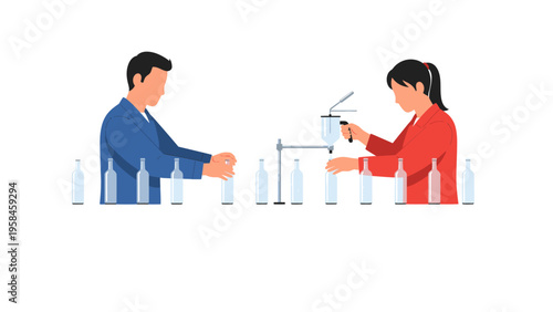 Bottling Line Operations: A precise, top-down view showcases diligent workers in a clean, modern factory setting.