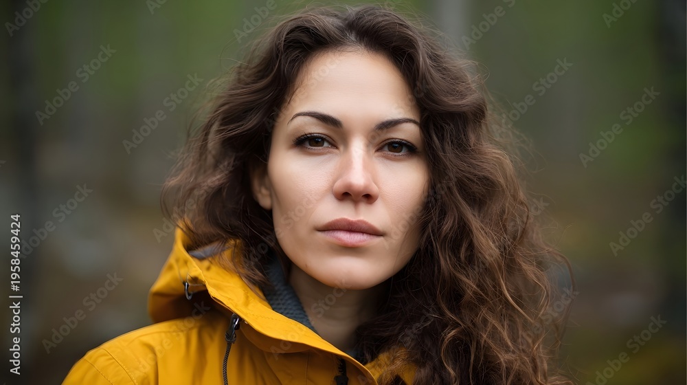 Naklejka premium Portrait of a determined woman with curly brown hair wearing a yellow jacket in an outdoor setting with a blurred natural background