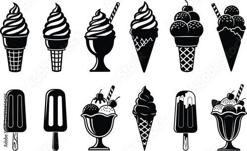 Black and white illustrations of various ice cream treats and popsicles