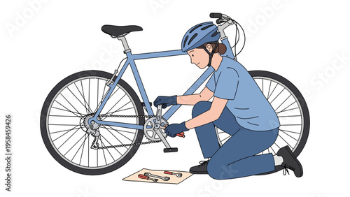 Cycling Maintenance: A woman wearing a helmet and gloves repairs her bicycle, with tools laid out on the ground. She is focused on the bike's crankset.