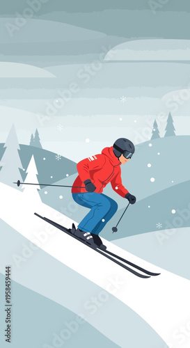 Winter mountain skier gracefully skiing down a snowy slope wearing ski attire and helmet, enjoying a cold day on the slopes