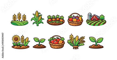 Collection of cartoon farm icons showing crops, harvest, and rural landscape