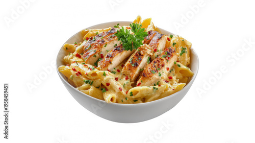 Bowl of creamy penne pasta with grilled chicken slices and fresh herbs isolated on transparent background