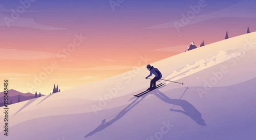 Snowy Mountain Adventure A Person Skiing Down a Slope at Sunset