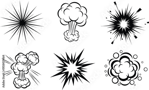 Collection of six different explosion and burst illustrations in black and white