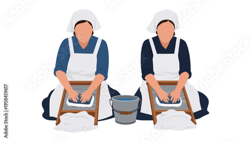 Historical Laundry: Two women, dressed in traditional attire, are engaged in the timeless task of washing clothes by hand, symbolizing the simplicity of a bygone era.