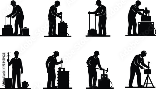 Silhouette illustrations of a man handling various luggage and equipment
