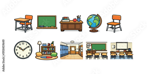 Collection of cartoon school and classroom elements for educational design