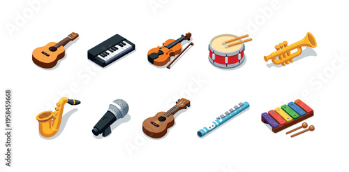 Collection of colorful isometric musical instruments on a white background
