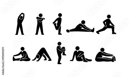 Collection of stick figure icons demonstrating various stretching exercises for fitness and wellness