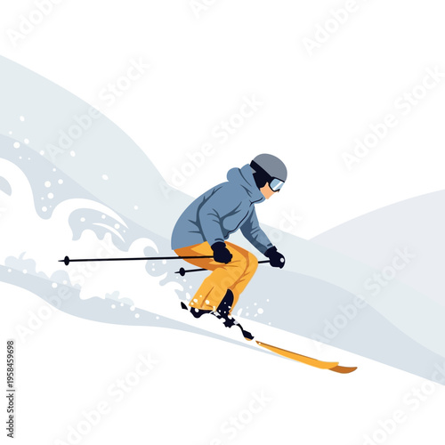 Experienced skier gracefully descends a snow-covered mountain slope, showcasing winter sports expertise and athletic prowess