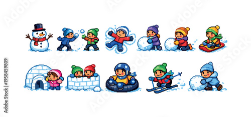 Pixel art collection of children enjoying various winter activities and snow fun