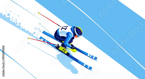 Dynamic illustration of a skilled skier carving down a pristine snowy mountain slope with speed and precision, capturing the exhilarating essence of winter sports competition