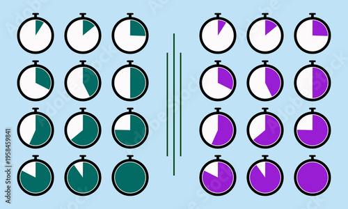 Stopwatch icons showing progress and completion against blue background with flat design.