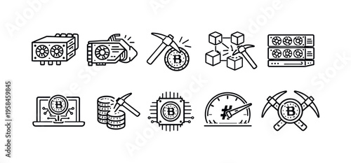 Bitcoin mining icons illustrating hardware, blockchain, and digital currency concepts