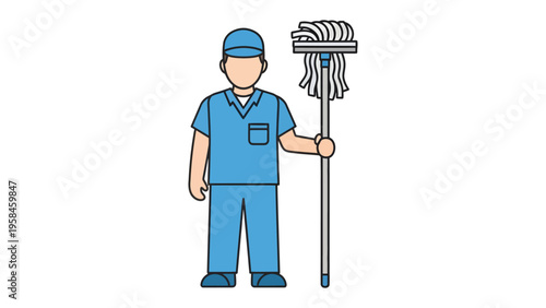 Janitor with Mop in Action: A diligent janitor, in work attire, stands ready with a mop, embodying cleanliness and care. He is ready to maintain pristine environments.
