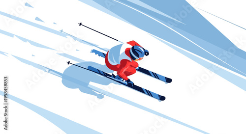 Dynamic illustration of a skier descending a snow-covered slope with speed and agility, showcasing winter sports
