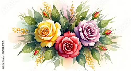 Watercolor Floral Arrangement: A Vibrant Bouquet of Roses and Blossoms with Lush Greenery, Perfect for Springtime Celebrations