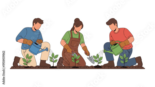 Gardening Together: Three individuals nurturing young plants in a garden. Representing the joy of nature, planting seeds, and the environment.