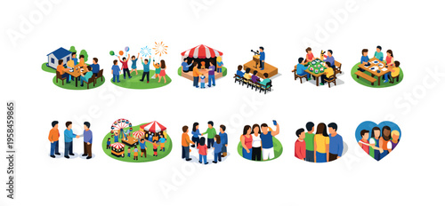 Diverse groups of people enjoying various social activities and celebrations together