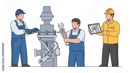 Engineers at Work: A team of engineers and technicians work on industrial machinery. Focused on precision, teamwork, and expertise in the realm of industry.
