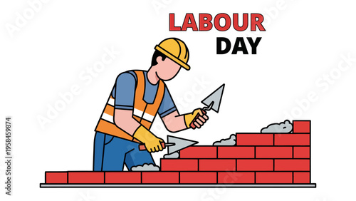 Labour Day Construction: A graphic representation of a construction worker, diligently laying bricks with mortar, creating a symbol of hard work and celebrating Labour Day. 