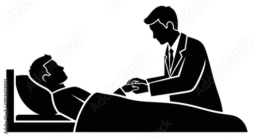 Doctor holding patient's hand in hospital bed comforting and reassuring