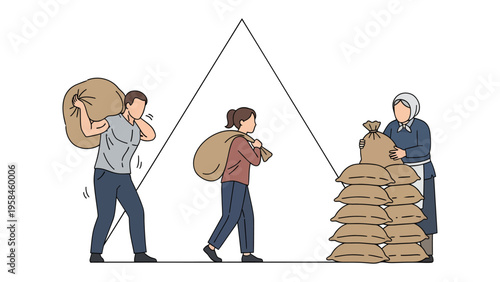 Harvest Helpers: Drawn to reveal the essence of communal efforts, people come together to carry sacks during the harvest season.