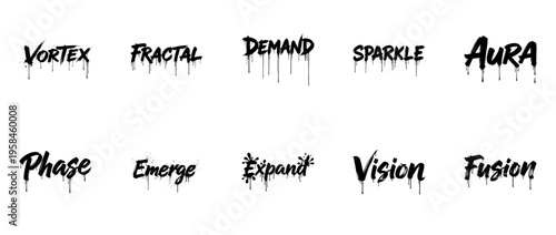 Creative graffiti-style words: vortex, fractal, demand, sparkle, aura