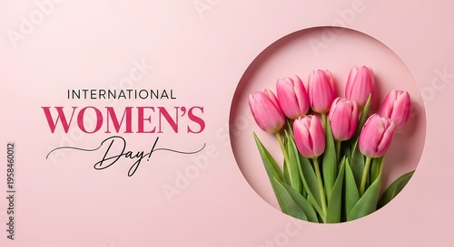 Celebratory Floral Arrangement for Empowerment Day: Pink Tulips with Circular Papercut Design on Pastel Background