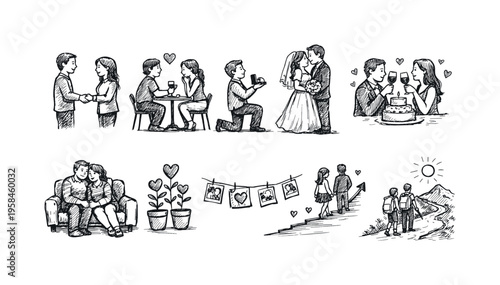 Couple's relationship milestones depicted in a charming hand-drawn sketch style