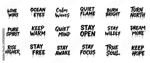 Inspirational graffiti phrases in bold black dripping style