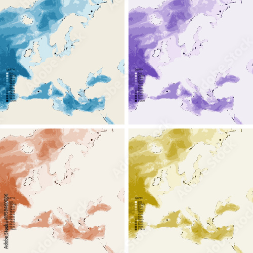 Europe Bathymetric Ocean Depth Map - Azimuthal Equal-Area Projection - Scalable Multi-Color Seafloor Relief Topography with Depth Legend Showing Continental Shelves Mid-Ocean Ridges and Abyssal Plains