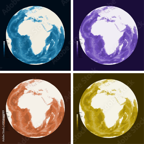 Globe Over Africa Bathymetric Ocean Depth Globe - Orthographic Projection - Scalable Multi-Color Seafloor Relief Topography with Depth Legend Showing Continental Shelves Mid-Ocean Ridges and Abyssal