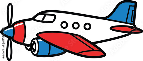 A cartoon illustration of a small white airplane with red and blue accents and a spinning propeller