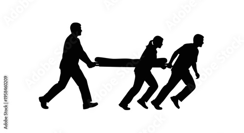 Three people carrying a stretcher with a patient in a medical emergency situation