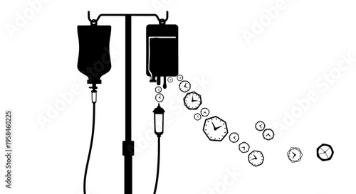Medical iv drip stand with clock symbols flowing from bag hospital treatment concept