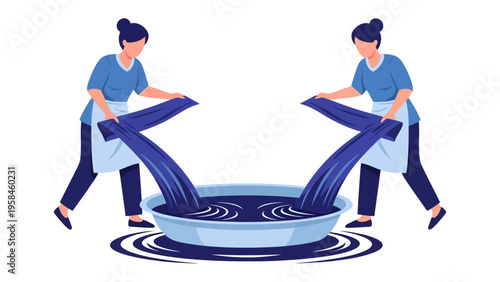 Fabric Dyeing Process: Two figures immerse fabric into a basin of vibrant dye, embodying the artistry of textile creation and the vibrant transformation of material.