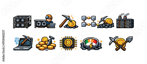 Pixel art icons representing cryptocurrency mining and blockchain technology concepts