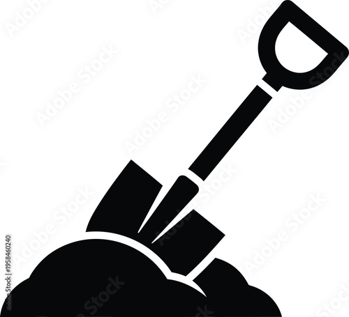 A black silhouette of a shovel digging into a pile of dirt or soil