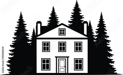 A serene two story house nestled among tall pine trees in a peaceful forest setting