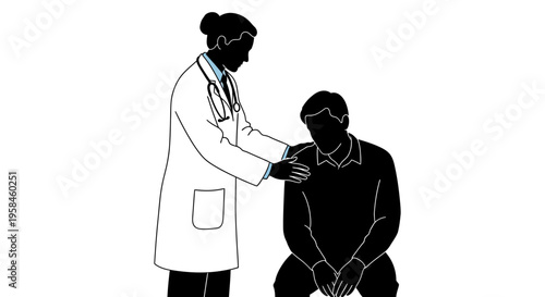Female doctor comforting a worried male patient in a clinical setting with empathy