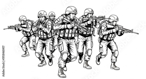 Line art illustration of a squad of soldiers in combat gear advancing.