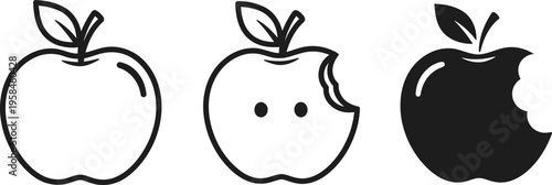 Three stylized apples with varying levels of completion and design